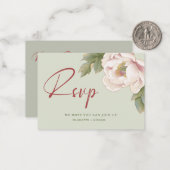 バジェットセージグリーン&赤面牡丹ウェディングRSVPカード ノートカード (正面/裏面インサイチュ)