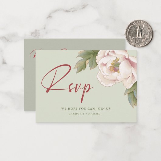 バジェットセージグリーン&赤面牡丹ウェディングRSVPカード ノートカード (正面/裏面インサイチュ)