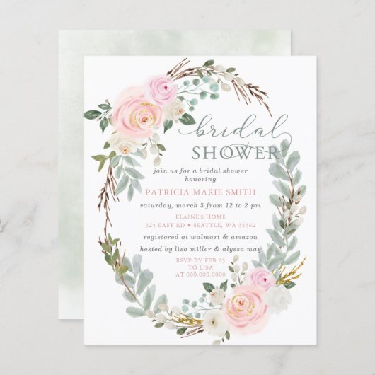 バジェットセージピンクフローラブライダルシャワー招待 (正面/裏面)