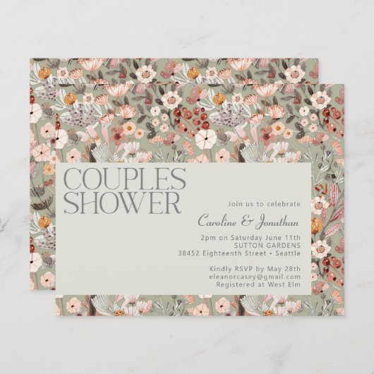 バジェットセージボタニカルボホカップルのシャワー招待状 (正面/裏面)