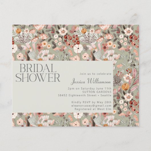 バジェットセージボタニカルボホブライダルシャワー招待状 (正面)