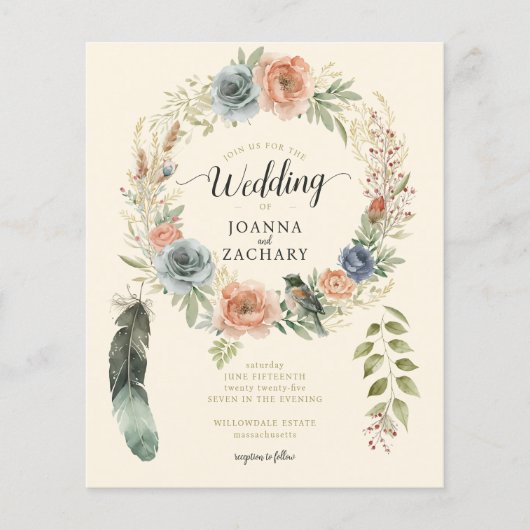 バジェットセージボーホウォーター色のフローラ結婚式の招待 (正面)