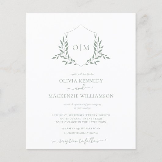 バジェットセージリーフェリークレスト結婚式招待状 (正面)