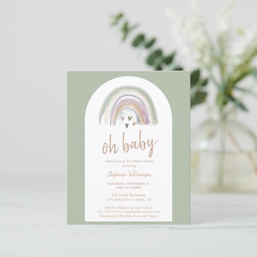 バジェットセージ緑ボホアーチベイビーシャワー招待状 (スタンド正面)