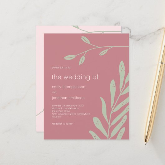 バジェットセージ葉ダスティバラ結婚式招待状 (正面/裏面インサイチュ)
