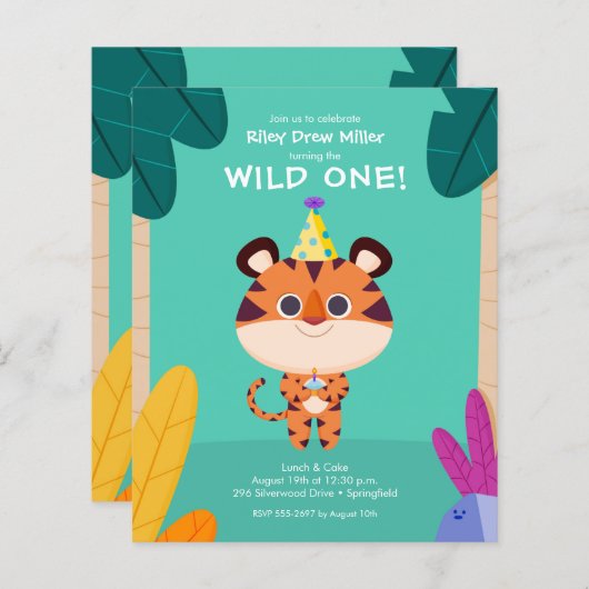 バジェットタイガーキッドの誕生日招待状 (正面/裏面)