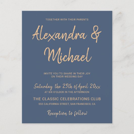 バジェットタイポグラフィ海軍銅結婚式招待状 チラシ (正面)