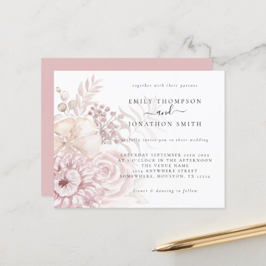 バジェットダスティバラピンク花模様結婚式招待状 (正面/裏面インサイチュ)