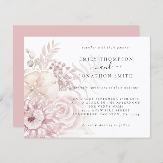 バジェットダスティバラピンク花模様結婚式招待状 (正面/裏面)