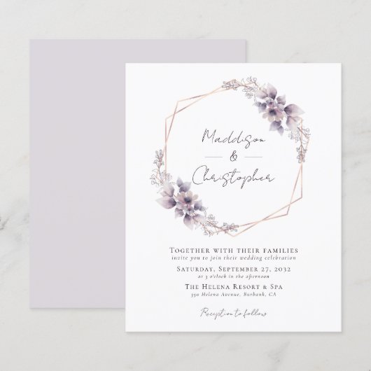 バジェットダスティパープルフローラ結婚式招待状 (正面/裏面)