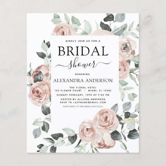 バジェットダスティピンクブライダルシャワーフローラ招待状 チラシ (正面)