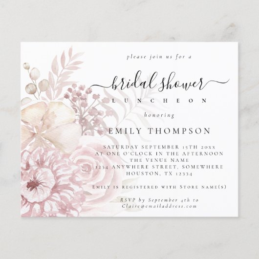 バジェットダスティピンク花模様ブライダルシャワー招待 (正面)