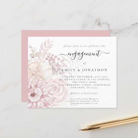 バジェットダスティピンク花模様婚約招待状 (正面/裏面インサイチュ)
