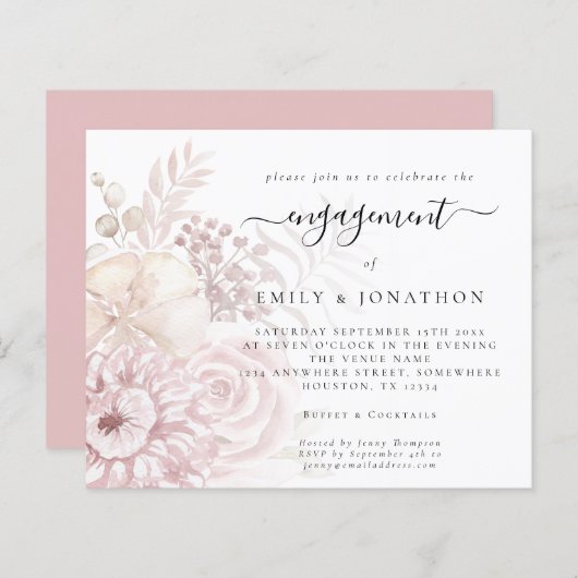 バジェットダスティピンク花模様婚約招待状 (正面/裏面)