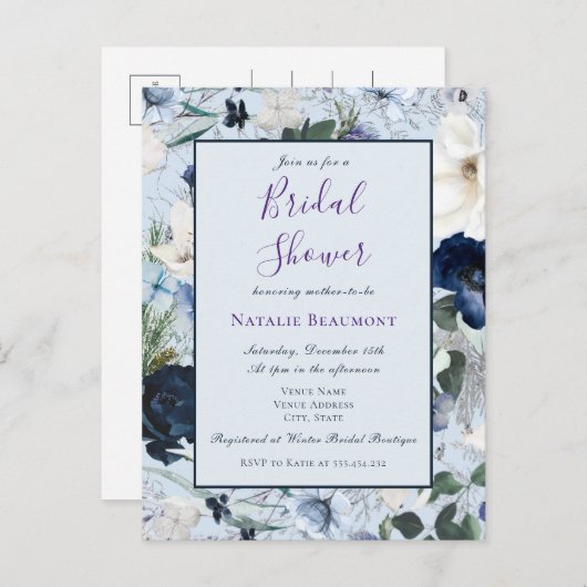 バジェットダスティブルーエレガントフローラブライダルシャワー インビテーションポストカード (正面/裏面)