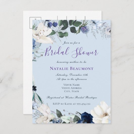 バジェットダスティブルーエレガントフローラブライダルシャワー インビテーションポストカード (正面/裏面)