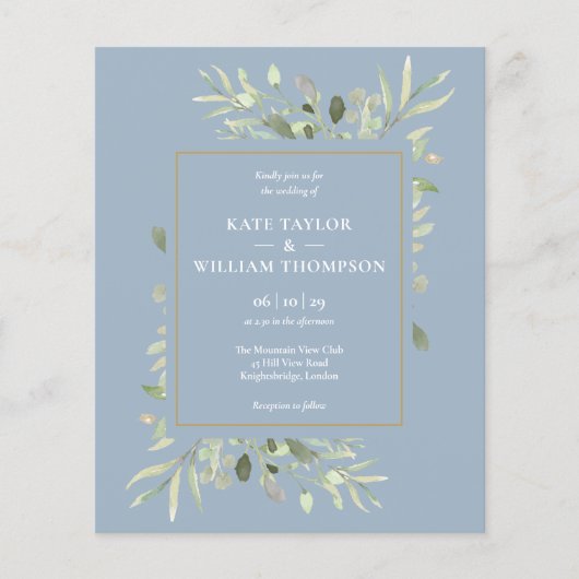バジェットダスティブルーグリーンリー結婚式招待状 (正面)