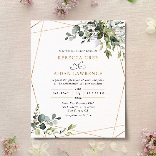 バジェットダスティブルーグリーンリー金ゴールド結婚式招待状