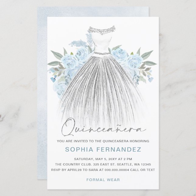 バジェットダスティブルーシルバードレスキンセアニラ招待状 (正面/裏面)