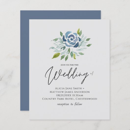 バジェットダスティブルーセージ緑のフローラ結婚式の招待 (正面/裏面)