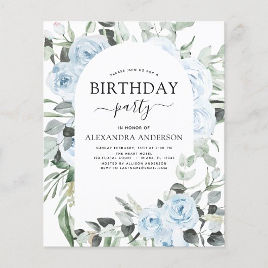 バジェットダスティブルーバースデーパーティフローラ招待状 チラシ (正面)