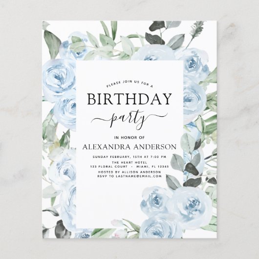 バジェットダスティブルーバースデーパーティーフローラ招待状 (正面)