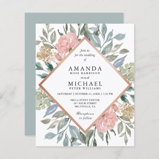 バジェットダスティブルーピンクフローラ結婚式招待状 (正面/裏面)