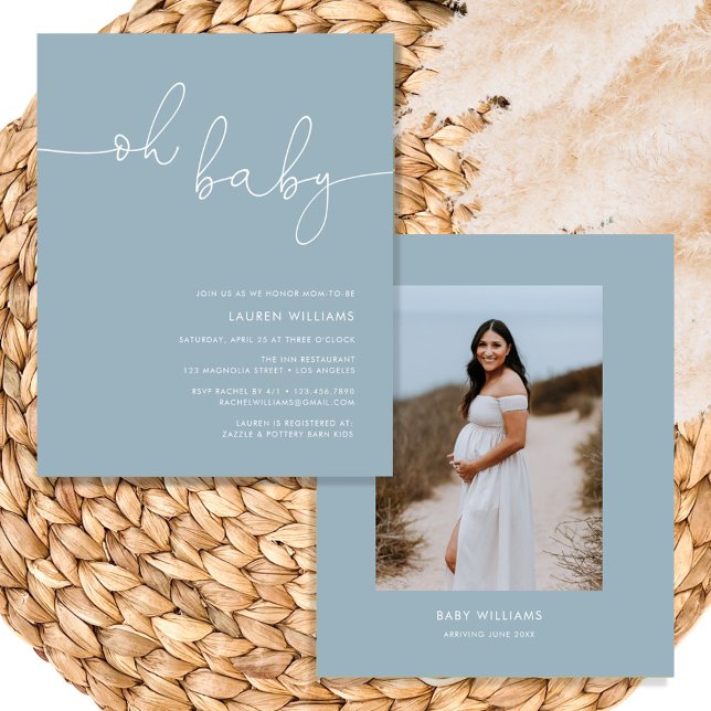 バジェットダスティブルーフォトベビーシャワー招待状 (dusty blue baby shower invite)