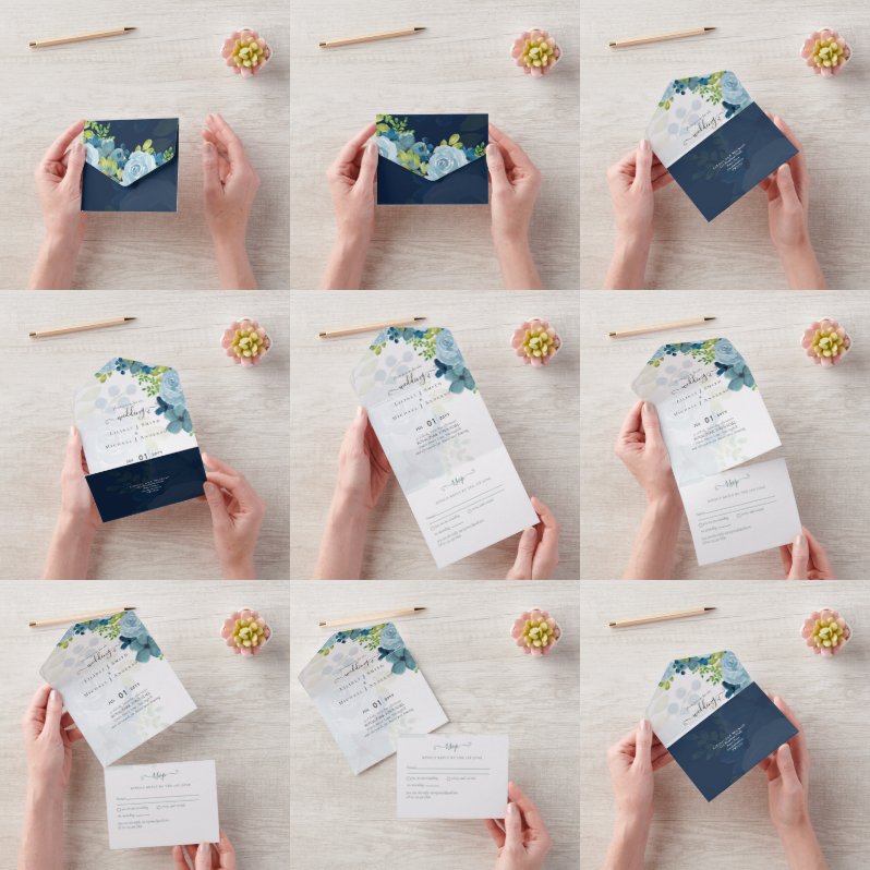 バジェットダスティブルーフラワーズセージ結婚ズ オールインワン招待状