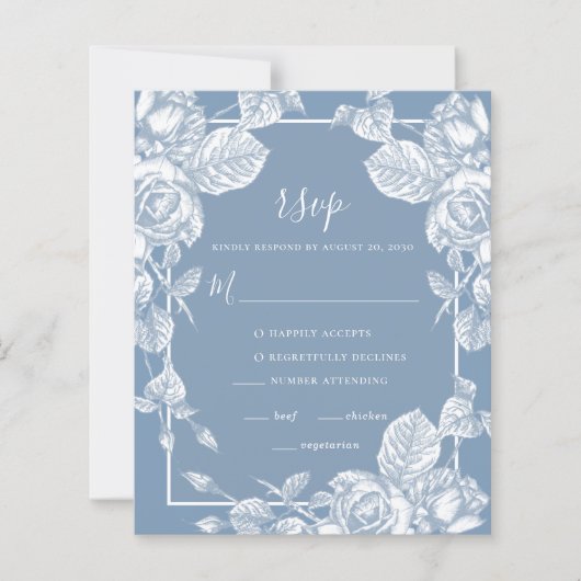 バジェットダスティブルーフローラウェディングRSVPカード (正面)