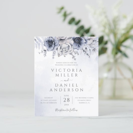 バジェットダスティブルーフローラエレガントウェディング招待状 (スタンド正面)