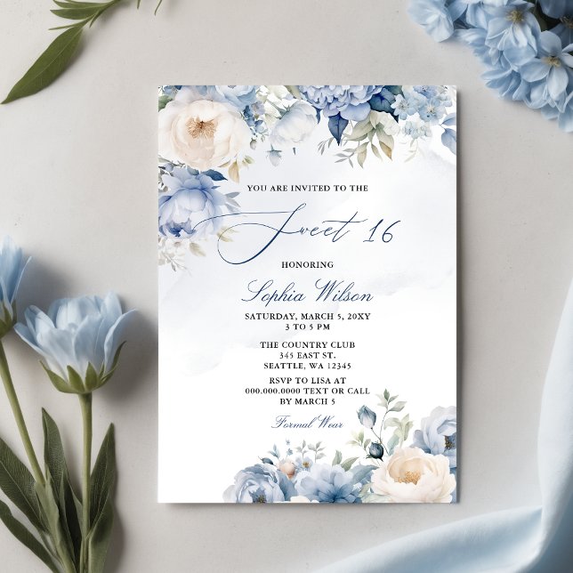 バジェットダスティブルーフローラスウィート16招待状 (Elegant Modern Dusty Blue Floral Sweet 16 Invitation)