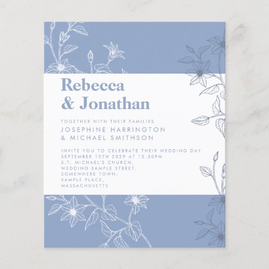 バジェットダスティブルーフローラ紙結婚式招待状 (正面)