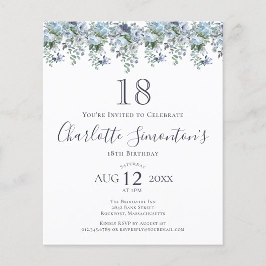 バジェットダスティブルーフローラ18th誕生日招待状 (正面)