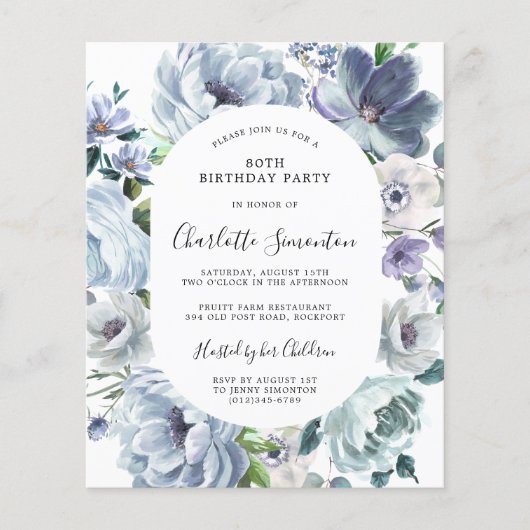 バジェットダスティブルーフローラ80th誕生日招待状 (正面)
