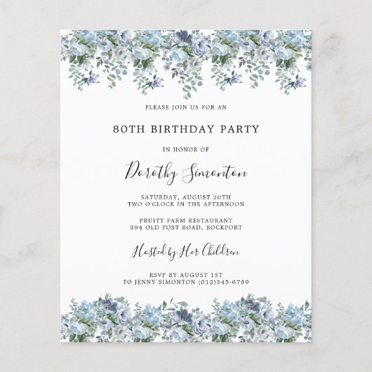 バジェットダスティブルーフローラ80th誕生日招待状 (正面)