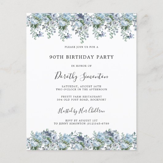 バジェットダスティブルーフローラ90th誕生日招待状 (正面)