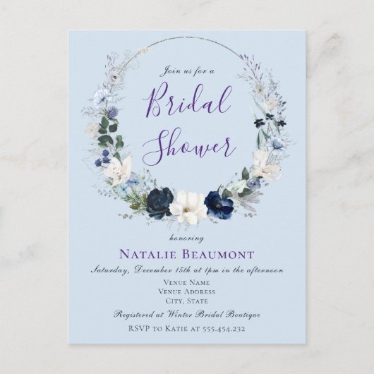 バジェットダスティブルーボタニカルフローラブライダルシャワー インビテーションポストカード (正面)