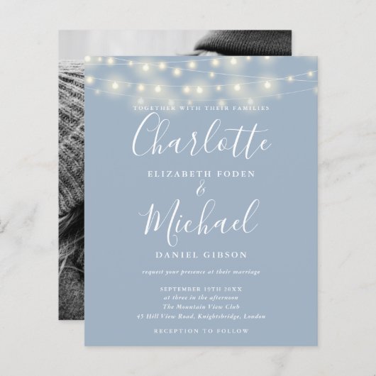 バジェットダスティブルーライツフォト結婚式招待状 (正面/裏面)