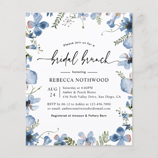 バジェットダスティブルー花模様ブライダルブランチ招待状 (正面)