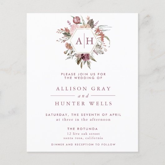 バジェットダスティーバラモノグラム結婚式招待状フライ チラシ (正面)