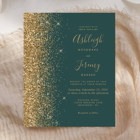バジェットダークグリーン金ゴールドグリッター結婚式招待状