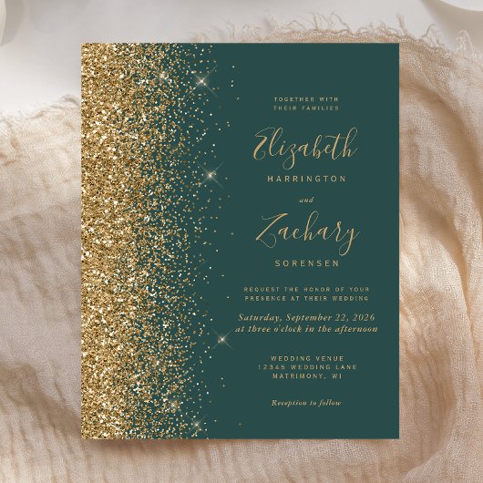 バジェットダークグリーン金ゴールドグリッター結婚式招待状