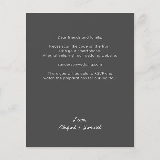 バジェットダークグレーQRコード結婚式招待状 (裏面)