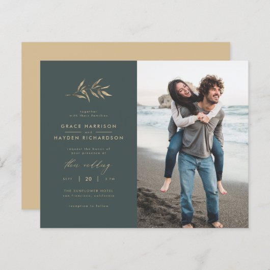 バジェットダークティール（緑がかった色）&ブランチ結婚ズ写真招待状 (正面/裏面)