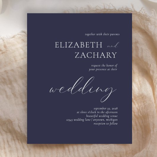 バジェットダークネイビーブルースクリプト結婚式招待状
