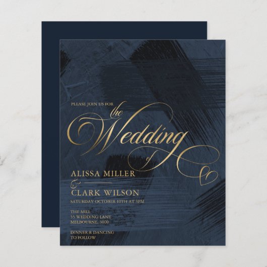 バジェットダークブルー、金ゴールドパインターリー結婚ズの招待 (正面/裏面)