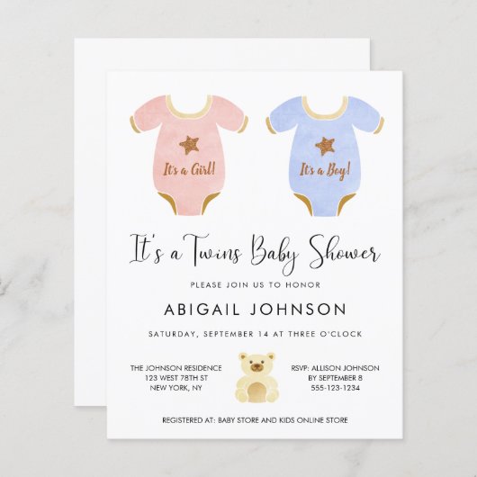 バジェットツインガールボーイベビーシャワー招待状 (正面/裏面)