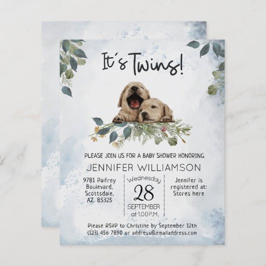 バジェットツインズパピーベイビーシャワー招待状 (正面/裏面)