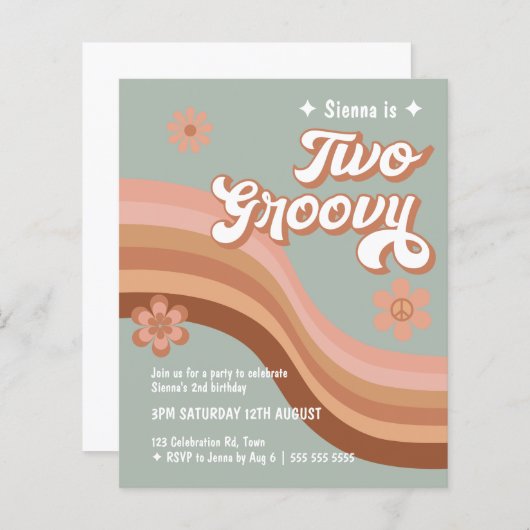 バジェットツーグルーヴィレトロデイジーセージピンク招待状 (正面/裏面)